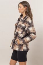 Plaid Collared Neck Front Button Side Pocket Boucle Jacket - Image 9