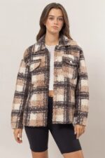 Plaid Collared Neck Front Button Side Pocket Boucle Jacket - Image 5