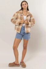 Plaid Collared Neck Front Button Side Pocket Boucle Jacket - Image 12