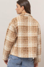 Plaid Collared Neck Front Button Side Pocket Boucle Jacket - Image 8
