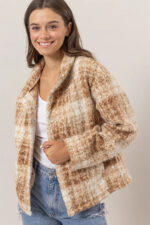 Plaid Collared Neck Front Button Side Pocket Boucle Jacket - Image 7