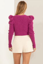 Ribbed Knit Cropped Button Front Puffy Sleeve V-Neck Sweater Cardigan - Image 2