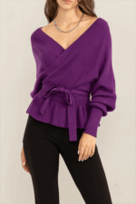 Long Sleeve Tiered Hen Wrap Front Knit Sweater with Crisscross Back Detail Top - Image 3