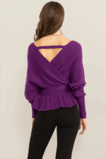 Long Sleeve Tiered Hen Wrap Front Knit Sweater with Crisscross Back Detail Top - Image 4
