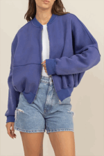 Cozy Washed French Terry Ribbed Collar Zip Up Casual Jacket - Image 3