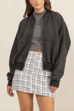 Cozy Washed French Terry Ribbed Collar Zip Up Casual Jacket - Image 5