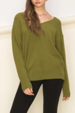 Cozy V-Neck Soft Knit Center Seam Detail Relaxed Fit Long Sleeve Pullover Sweater - Image 7