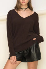 Cozy V-Neck Soft Knit Center Seam Detail Relaxed Fit Long Sleeve Pullover Sweater - Image 4