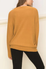 Cozy V-Neck Soft Knit Center Seam Detail Relaxed Fit Long Sleeve Pullover Sweater - Image 2