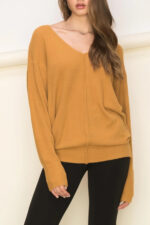 Cozy V-Neck Soft Knit Center Seam Detail Relaxed Fit Long Sleeve Pullover Sweater