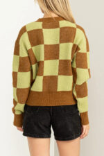 Retro Checkerboard Soft Knit Crew Neck Cropped Pullover Sweater - Image 2