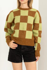 Retro Checkerboard Soft Knit Crew Neck Cropped Pullover Sweater