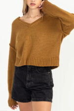 Cropped V-Neck Long Sleeve Soft Knit Cozy Boutique Fashion Sweater