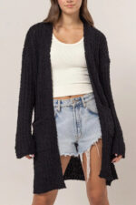 Popcorn Knit Open Front with Pockets Oversized Long Sleeve Sweater Cardigan