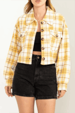 Flannel Plaid Wide Long Sleeve Collared Front Pocket Crop Jacket