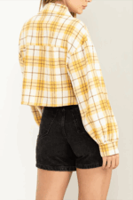 Flannel Plaid Wide Long Sleeve Collared Front Pocket Crop Jacket - Image 2