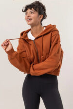 Cropped Zip Up Trendy Seam Detailing Fleece Fall Hoodie Jacket - Image 5