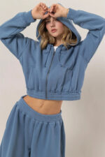 Cropped Zip Up Trendy Seam Detailing Fleece Fall Hoodie Jacket - Image 10