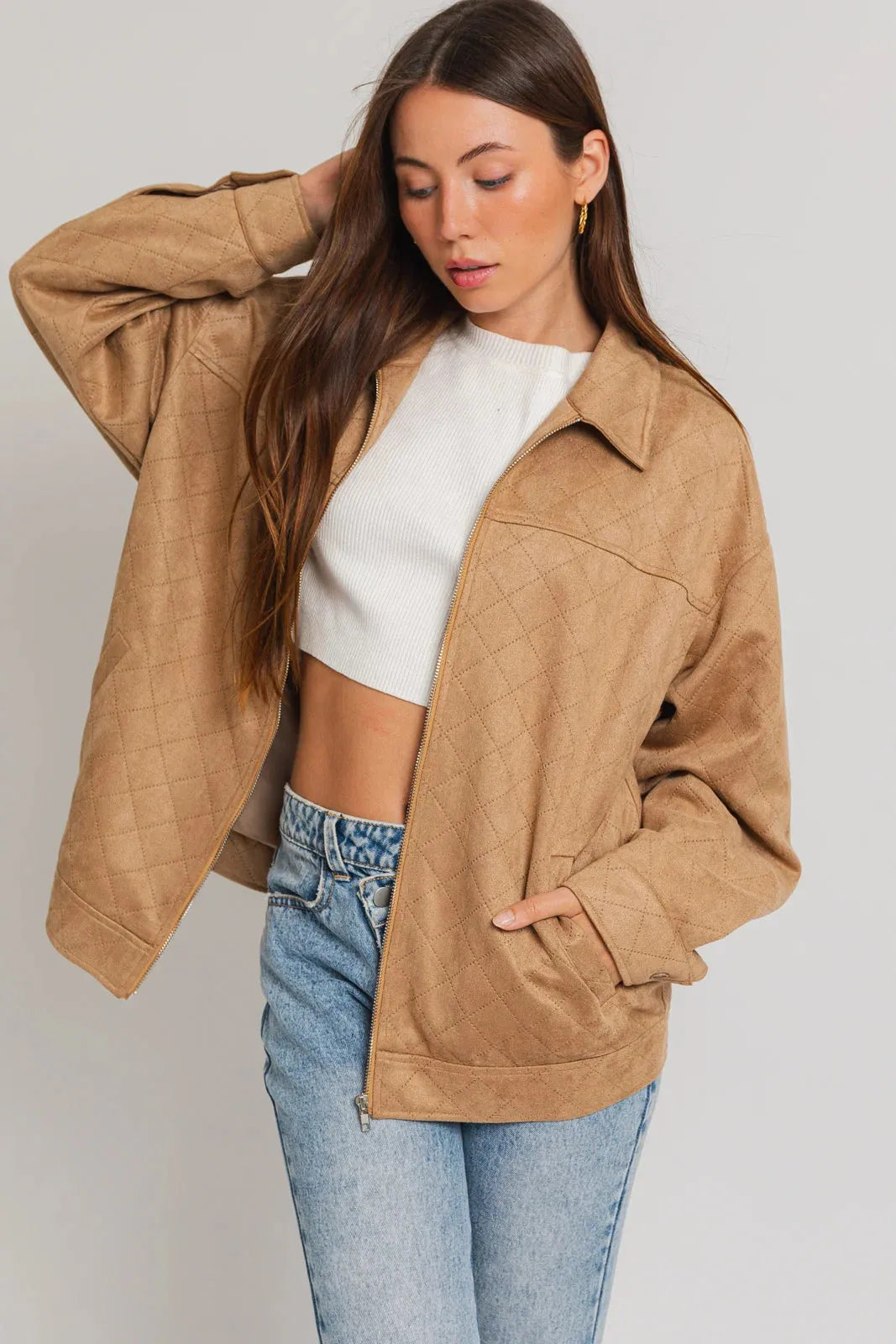 ij3500_camel_5_wholesale Diamond Quilted Suede Front Zipper Collared Jacket - Image 1