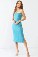 Chevron Pattern Strapless Side Slit Bodycon Midi Dress - Image 5