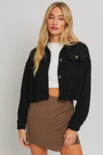Single Pocket Collared Fuzzy Textured Shacket - Image 3