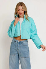 Lightweight Aqua Puff Zip Up Cropped Jacket - Image 4