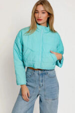 Lightweight Aqua Puff Zip Up Cropped Jacket - Image 3