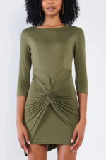 Olive Green 3/4 Sleeves Twist Front Bodycon Mini Dress