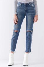 Rebel Vintage Denim Mid-Rise Distressed Ripped-Out Knees Raw Hem Straight Cut Jeans