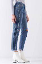 Rebel Vintage Denim Mid-Rise Distressed Ripped-Out Knees Raw Hem Straight Cut Jeans - Image 2