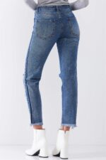 Rebel Vintage Denim Mid-Rise Distressed Ripped-Out Knees Raw Hem Straight Cut Jeans - Image 4