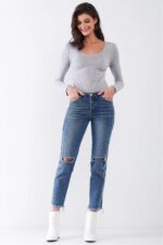 Rebel Vintage Denim Mid-Rise Distressed Ripped-Out Knees Raw Hem Straight Cut Jeans - Image 7