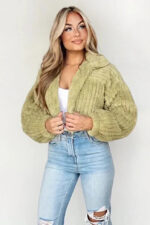 Long Sleeve Zip Up High Collar Cropped Fleece Jacket - Image 3