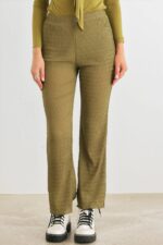 Light Olive Plisse High Waist Lettuce Hem Pants /1-2-2-1 - Image 2