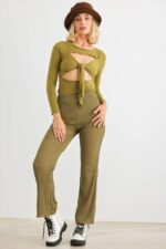 Light Olive Plisse High Waist Lettuce Hem Pants /1-2-2-1 - Image 7