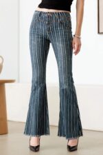 Mid Waist Stripe Flare Denim Jeans - Image 3
