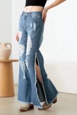 Blue Side Slit Wide Leg Destroyed Jeans - Image 3