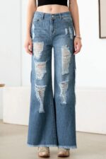 Blue Side Slit Wide Leg Destroyed Jeans - Image 4