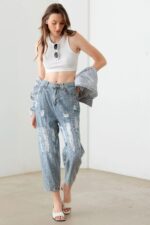 Light Blue Wash Barrel Leg High Waist Distressed Jeans - Image 9