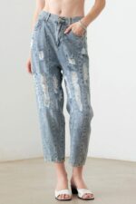 Light Blue Wash Barrel Leg High Waist Distressed Jeans - Image 4