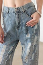 Light Blue Wash Barrel Leg High Waist Distressed Jeans - Image 5
