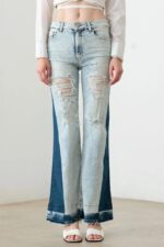 Tow Color Acid Wash Flare Denim Jeans - Image 4