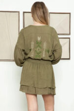 Boho Western Long Sleeve Embroidered Back Front Button Tiered Mini Dress - Image 2