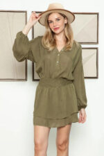 Boho Western Long Sleeve Embroidered Back Front Button Tiered Mini Dress