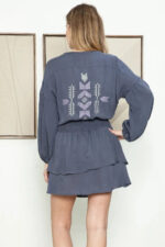 Boho Western Long Sleeve Embroidered Back Front Button Tiered Mini Dress - Image 6