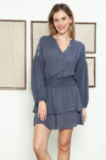 Boho Western Long Sleeve Embroidered Back Front Button Tiered Mini Dress - Image 5