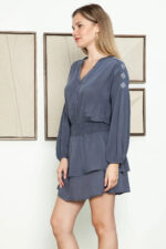 Boho Western Long Sleeve Embroidered Back Front Button Tiered Mini Dress - Image 7