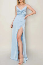 Satin Belted Side Slit Sleeveless Maxi Gown Dress