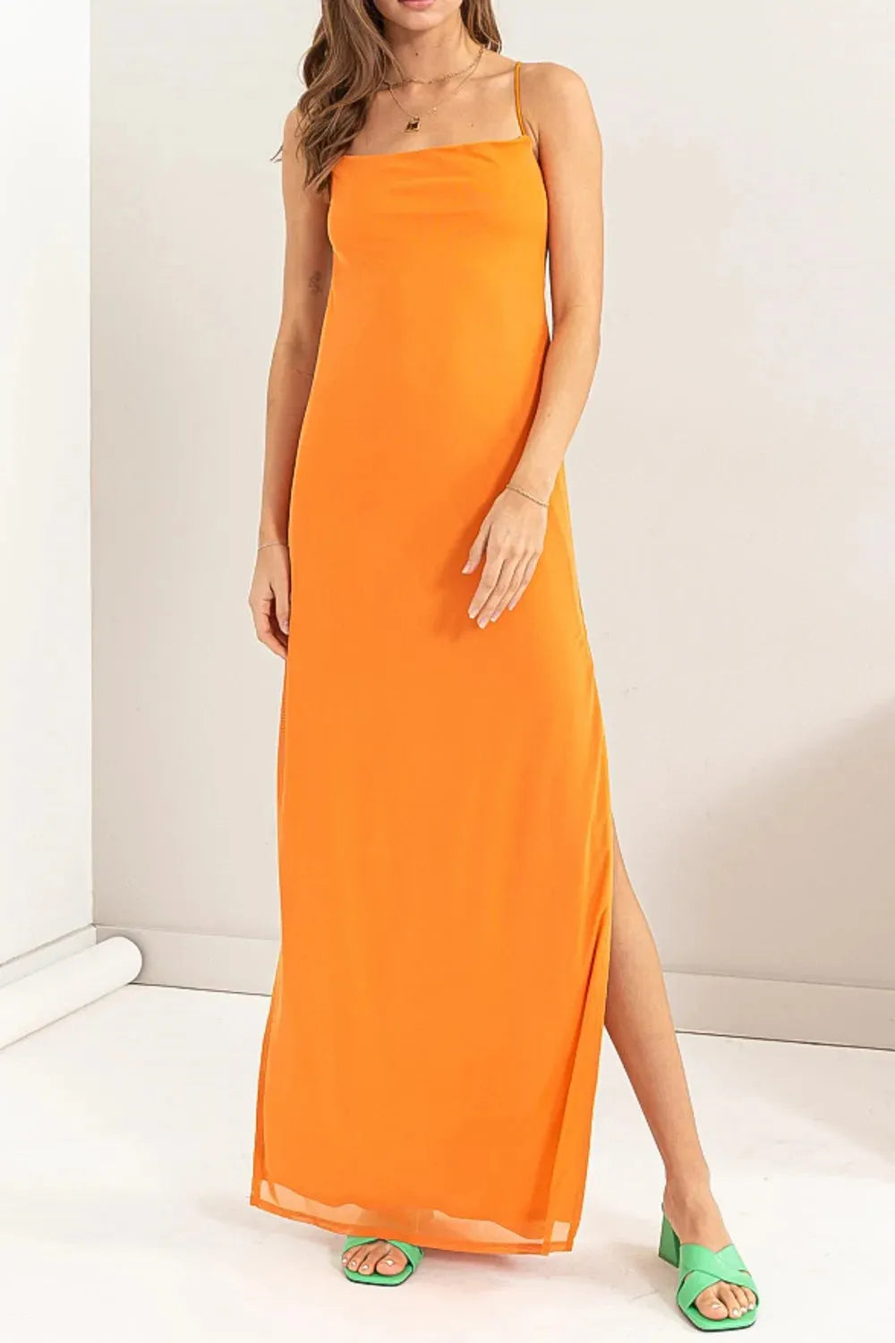 wholesale-womens-boho-43 Sheer Spaghetti Strap Side Slits Open Back Maxi Dress - Image 1