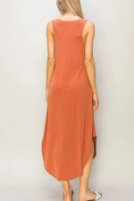 Basic Soft Hi-Low Sleeveless V-Neck Relax Fit Curve Hem Midi Dress - Image 4